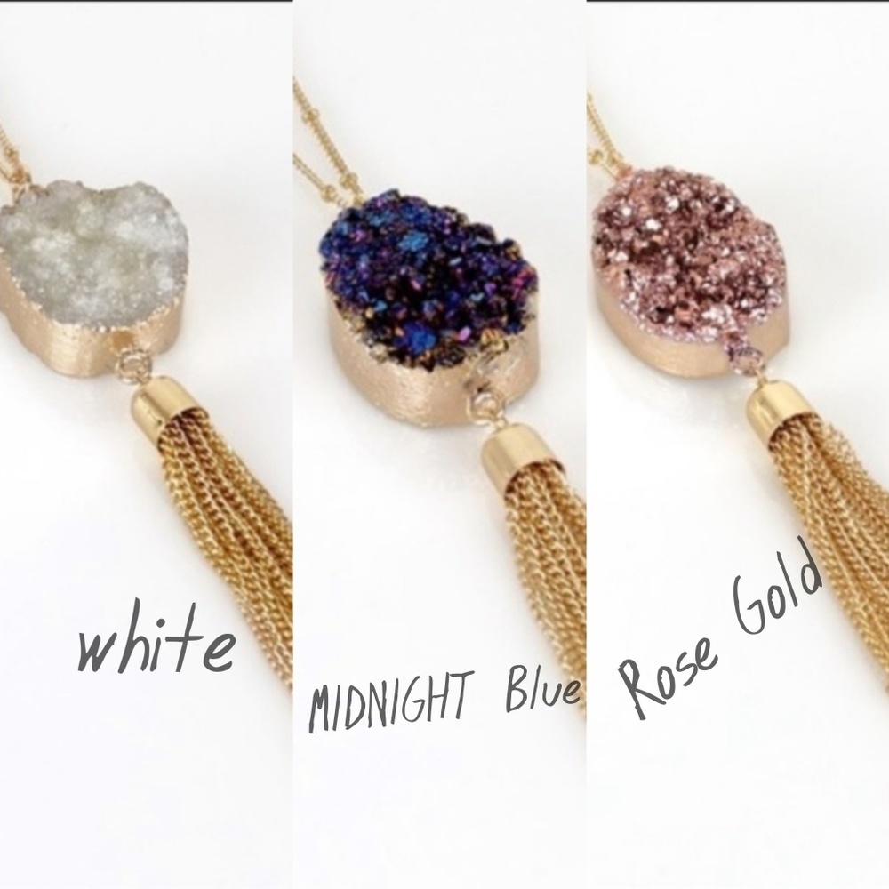 Druzy stone pendant necklace gold chain tassel - Picture 8 of 8